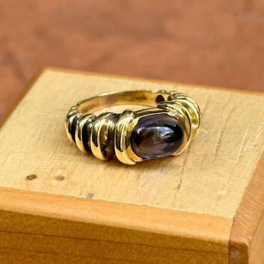 Estate 14KT Yellow Gold Ribbed Purple Oval Iolite Ring