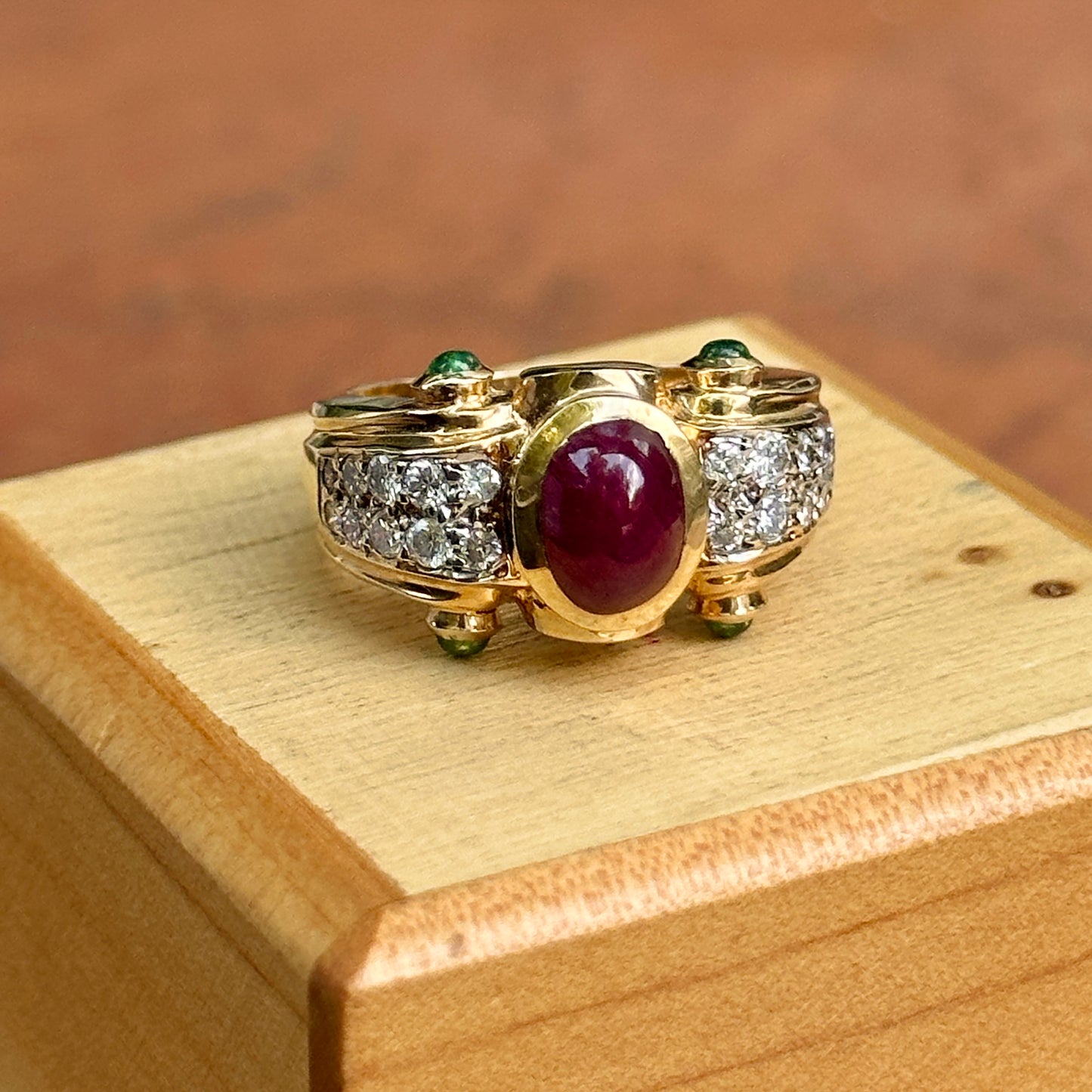 Estate 14KT Yellow Gold Byzantine Diamonds, Ruby, + Emerald Ring