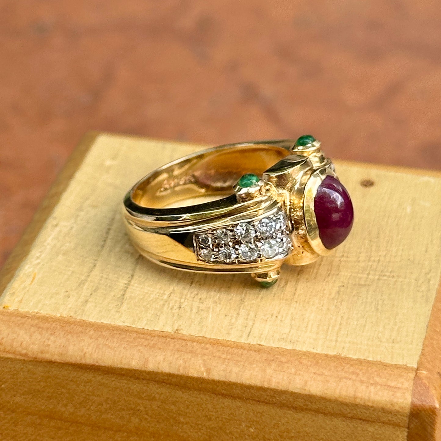 Estate 14KT Yellow Gold Byzantine Diamonds, Ruby, + Emerald Ring