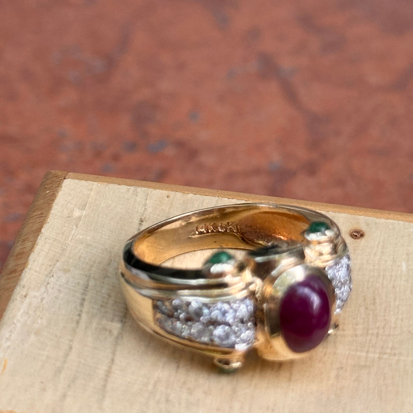 Estate 14KT Yellow Gold Byzantine Diamonds, Ruby, + Emerald Ring