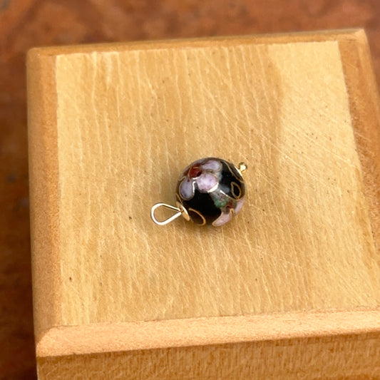 Estate 14KT Yellow Gold Black Cloisonne Round Ball Pendant Charm