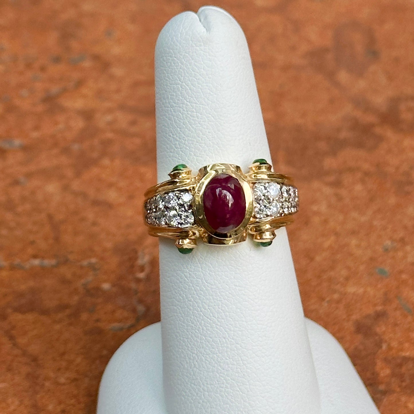 Estate 14KT Yellow Gold Byzantine Diamonds, Ruby, + Emerald Ring