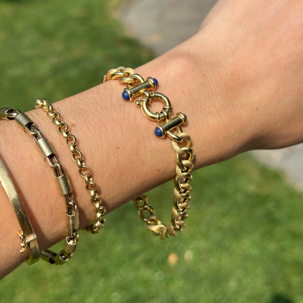 Estate 14KT Yellow Gold Round Chain Link Blue Lapis Toggle Bracelet 7.5”