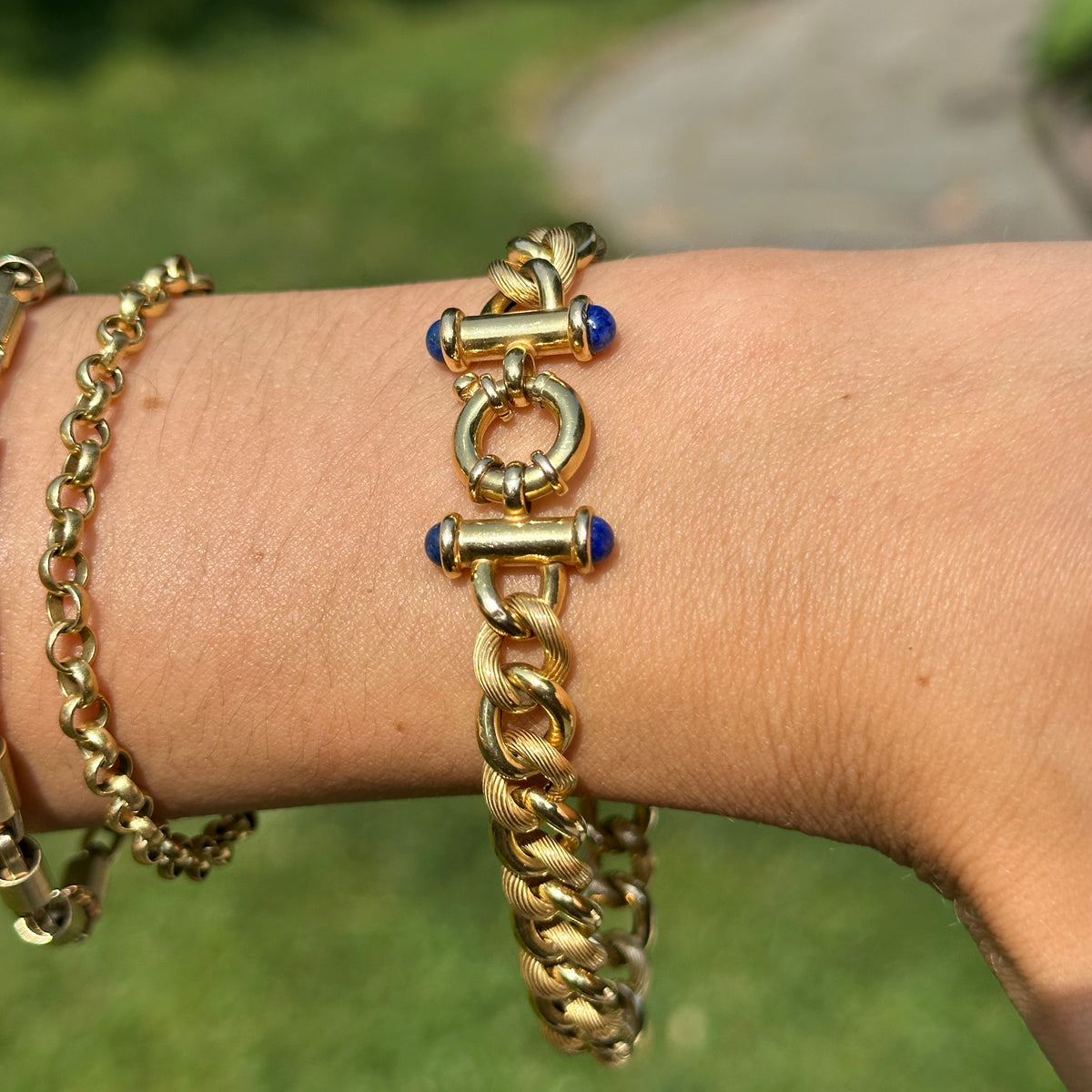 Estate 14KT Yellow Gold Round Chain Link Blue Lapis Toggle Bracelet 7.5”