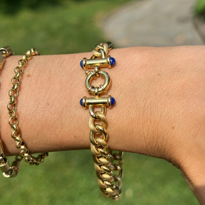 Estate 14KT Yellow Gold Round Chain Link Blue Lapis Toggle Bracelet 7.5”
