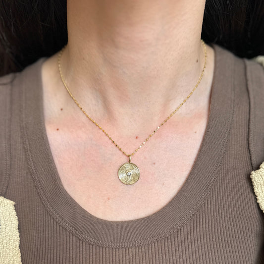 14KT Yellow Gold Diamond Disc Textured Pendant