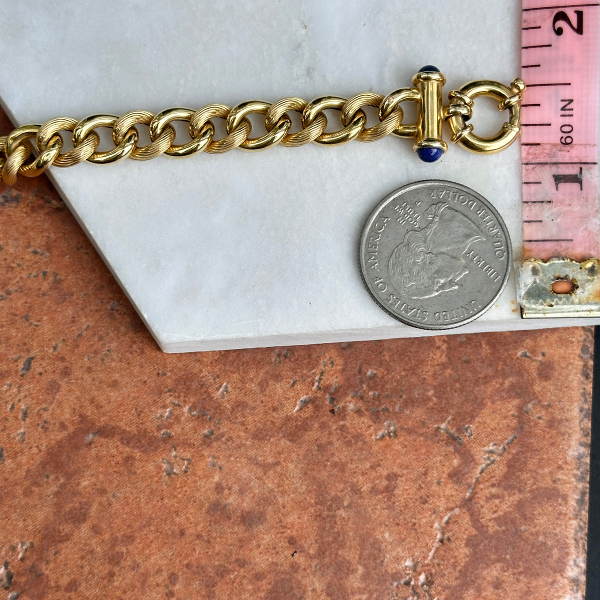 Estate 14KT Yellow Gold Round Chain Link Blue Lapis Toggle Bracelet 7.5”