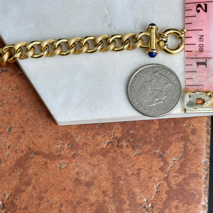 Estate 14KT Yellow Gold Round Chain Link Blue Lapis Toggle Bracelet 7.5”