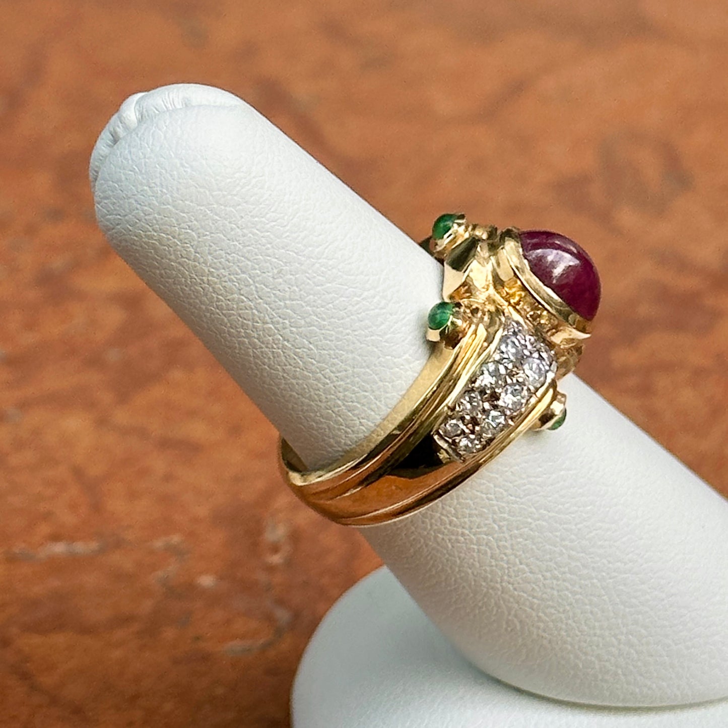 Estate 14KT Yellow Gold Byzantine Diamonds, Ruby, + Emerald Ring