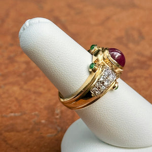 Estate 14KT Yellow Gold Byzantine Diamonds, Ruby, + Emerald Ring