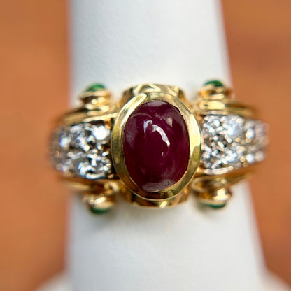 Estate 14KT Yellow Gold Byzantine Diamonds, Ruby, + Emerald Ring