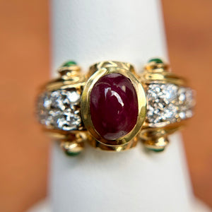 Estate 14KT Yellow Gold Byzantine Diamonds, Ruby, + Emerald Ring