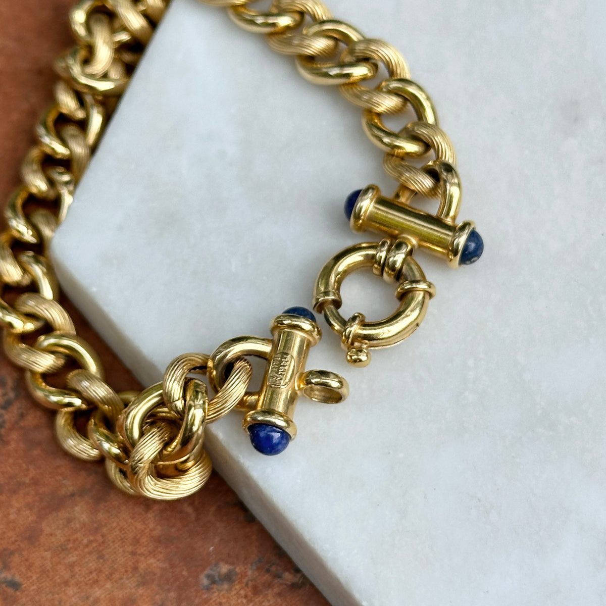 Estate 14KT Yellow Gold Round Chain Link Blue Lapis Toggle Bracelet 7.5”