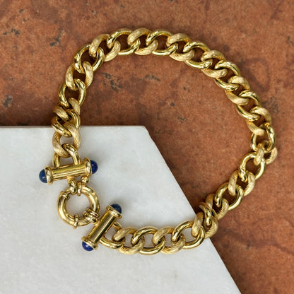 Estate 14KT Yellow Gold Round Chain Link Blue Lapis Toggle Bracelet 7.5”