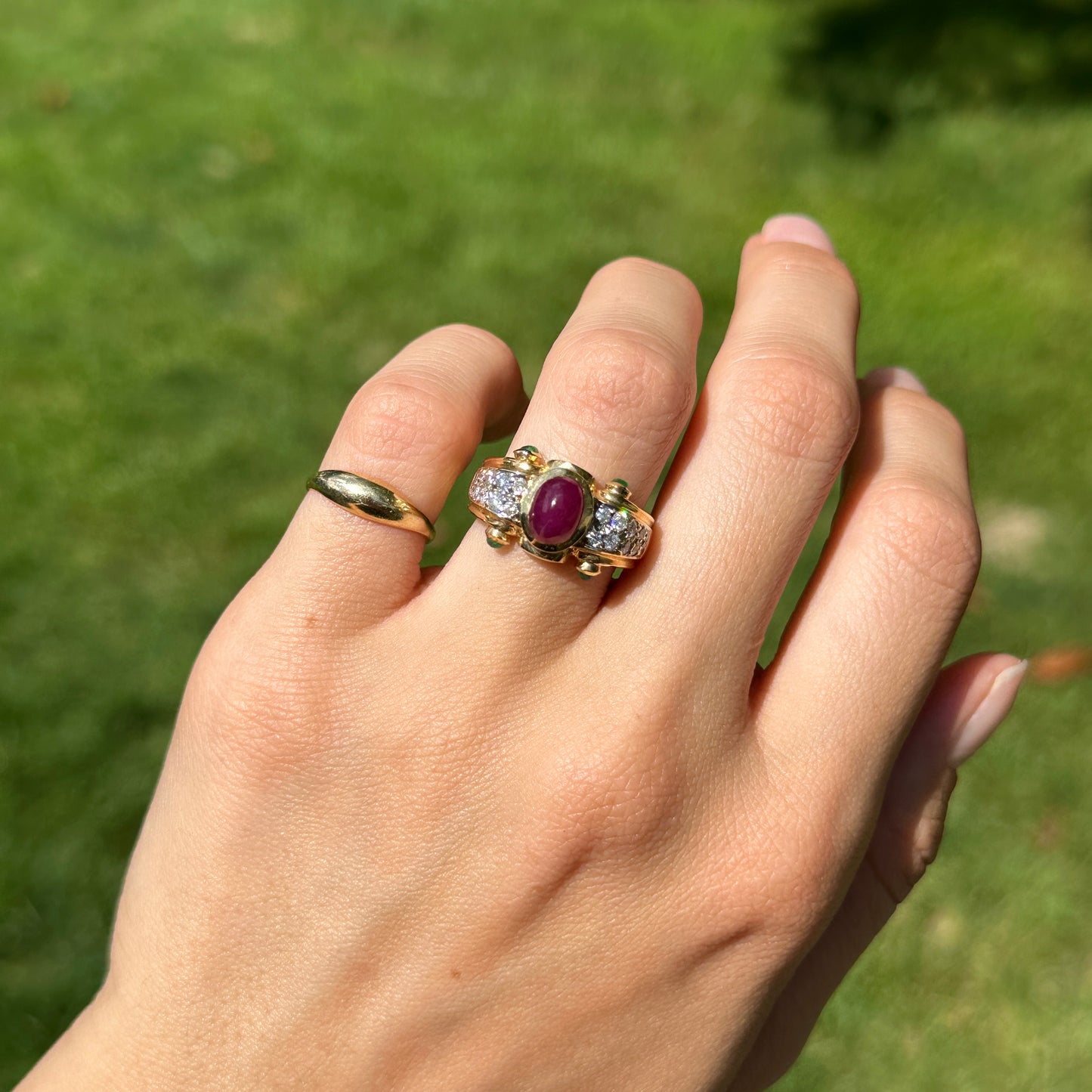 Estate 14KT Yellow Gold Byzantine Diamonds, Ruby, + Emerald Ring