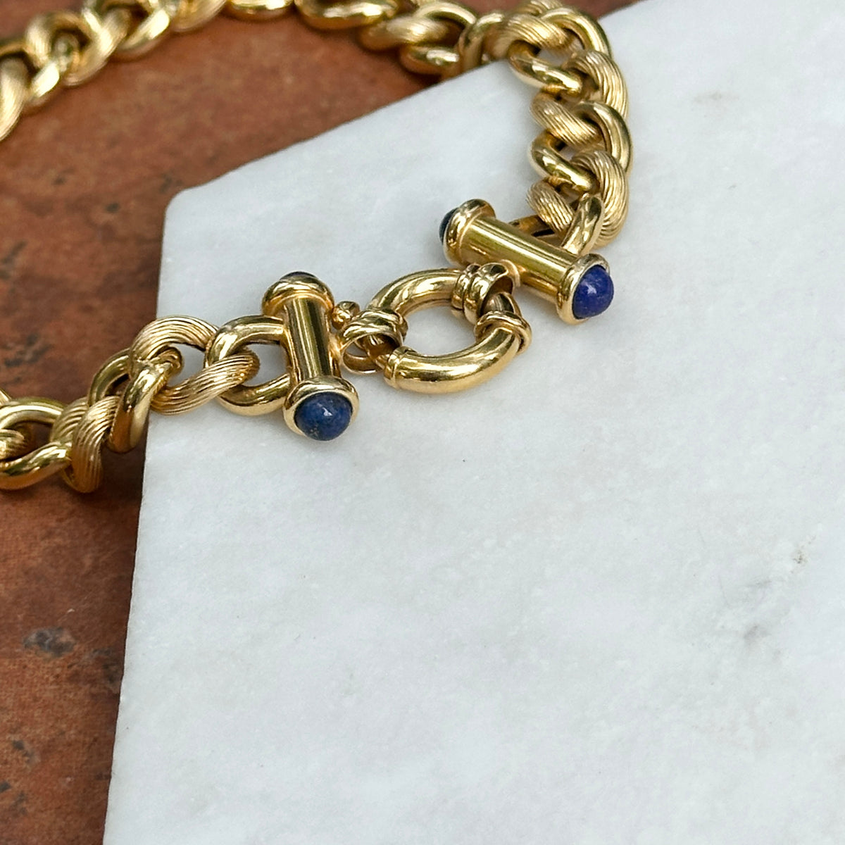 Estate 14KT Yellow Gold Round Chain Link Blue Lapis Toggle Bracelet 7.5”