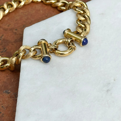 Estate 14KT Yellow Gold Round Chain Link Blue Lapis Toggle Bracelet 7.5”