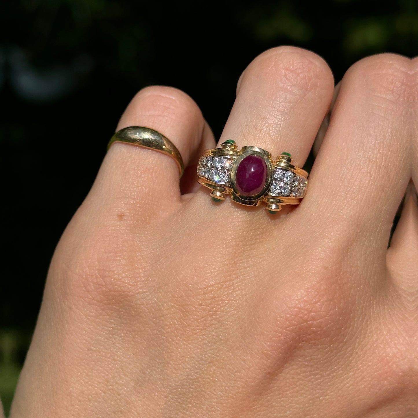 Estate 14KT Yellow Gold Byzantine Diamonds, Ruby, + Emerald Ring