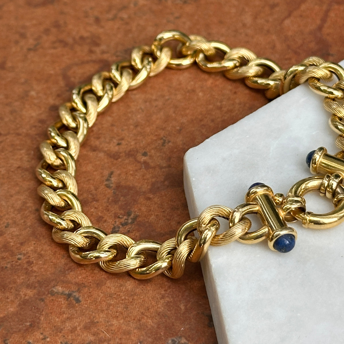 Estate 14KT Yellow Gold Round Chain Link Blue Lapis Toggle Bracelet 7.5”