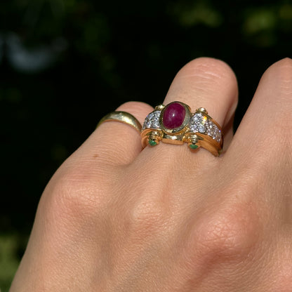 Estate 14KT Yellow Gold Byzantine Diamonds, Ruby, + Emerald Ring