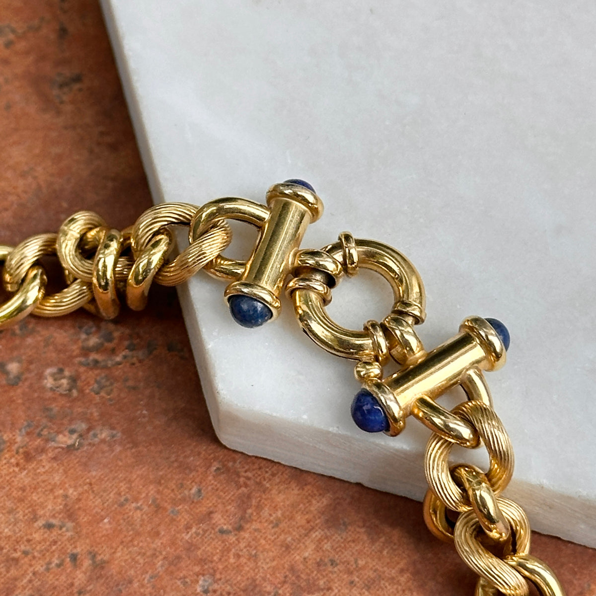 Estate 14KT Yellow Gold Round Chain Link Blue Lapis Toggle Bracelet 7.5”