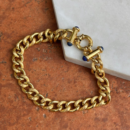 Estate 14KT Yellow Gold Round Chain Link Blue Lapis Toggle Bracelet 7.5”