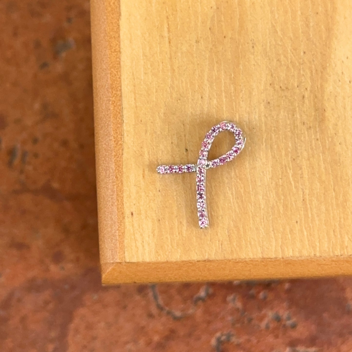 14KT White Gold Pink Sapphire Breast Cancer Awareness Ribbon Pendant Slide