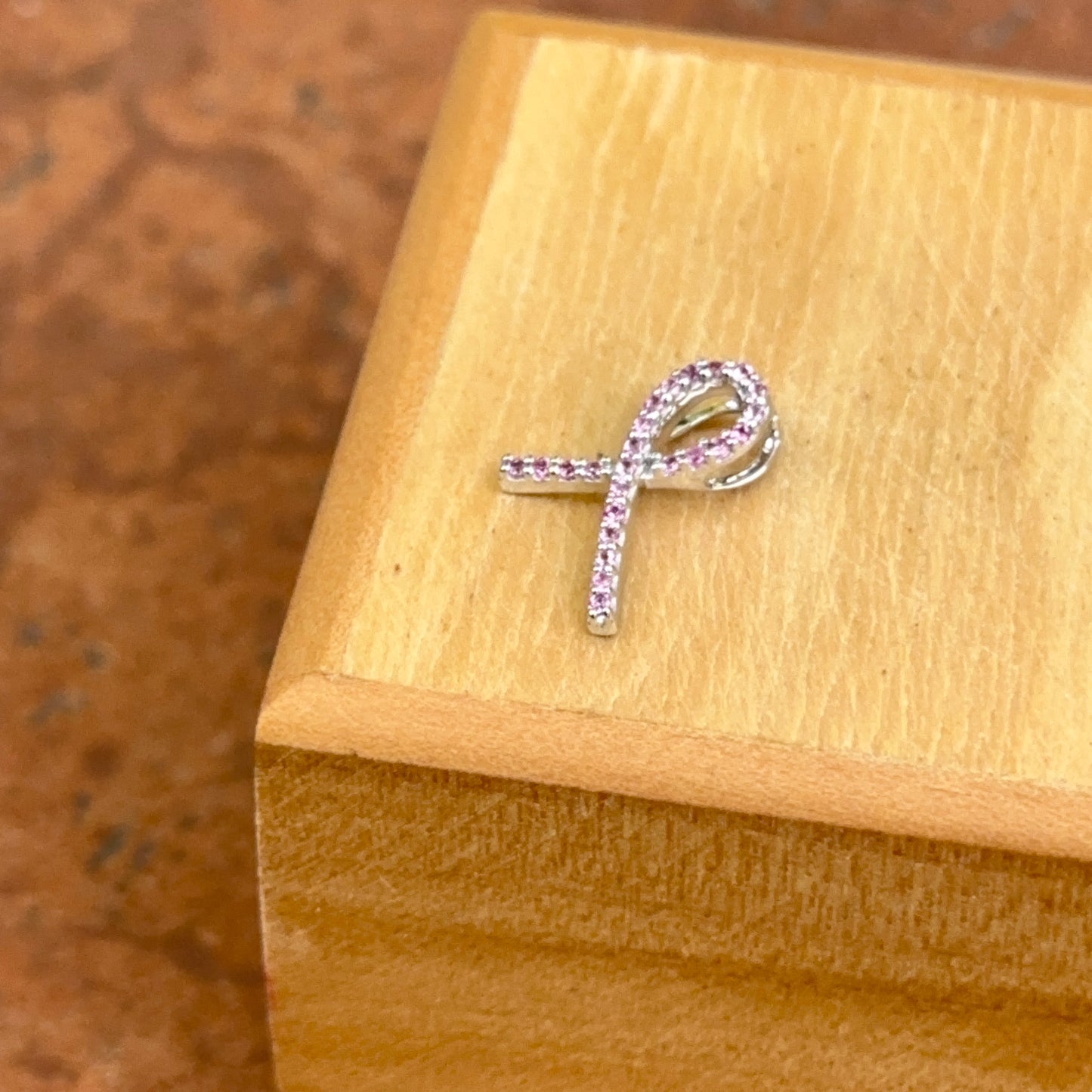 14KT White Gold Pink Sapphire Breast Cancer Awareness Ribbon Pendant Slide