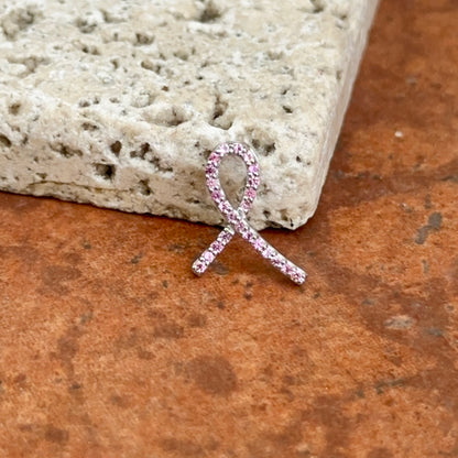 14KT White Gold Pink Sapphire Breast Cancer Awareness Ribbon Pendant Slide