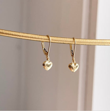 14KT Yellow Gold Mini Heart Charm Lever Back Earrings