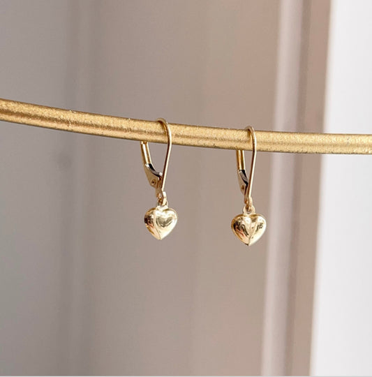 14KT Yellow Gold Mini Heart Charm Lever Back Earrings