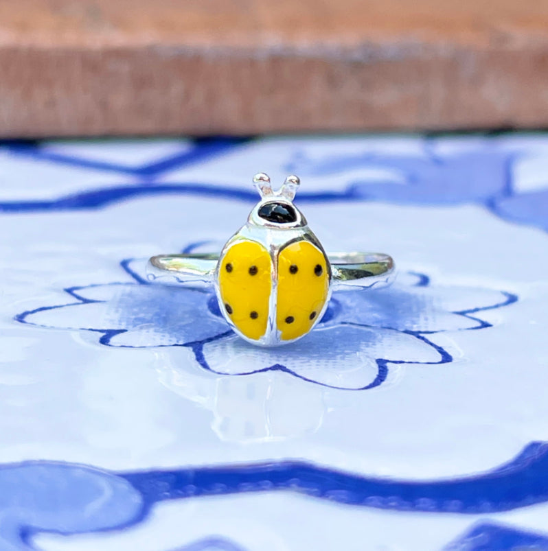 Sterling Silver Yellow Enamel Lady Bug Charm Toe Ring