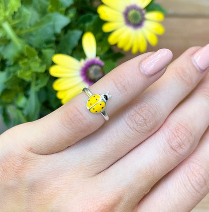 Sterling Silver Yellow Enamel Lady Bug Charm Toe Ring