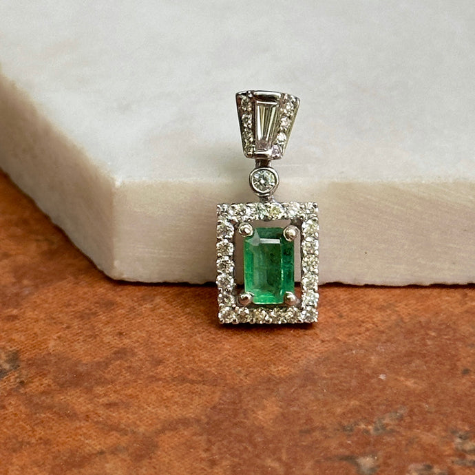 Estate 14KT White Gold Emerald-Cut Emerald + Diamond Halo Pendant