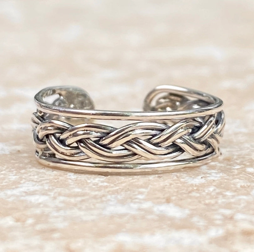 Sterling Silver Antiqued Weave Twist Design Band Toe Ring