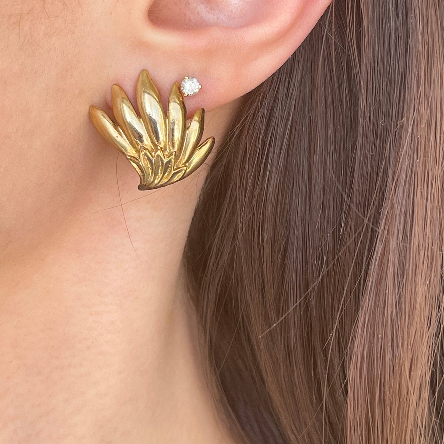 Estate Patina'd Yellow Gold-Tone Ribbed Fan Omega Back Earrings