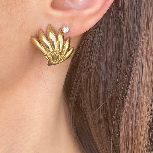 Estate Patina'd Yellow Gold-Tone Ribbed Fan Omega Back Earrings