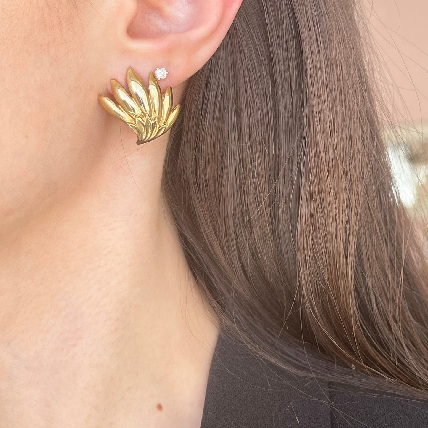 Estate Patina'd Yellow Gold-Tone Ribbed Fan Omega Back Earrings
