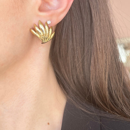 Estate Patina'd Yellow Gold-Tone Ribbed Fan Omega Back Earrings