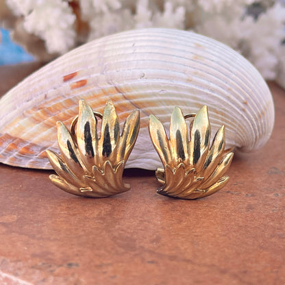 Estate Patina'd Yellow Gold-Tone Ribbed Fan Omega Back Earrings