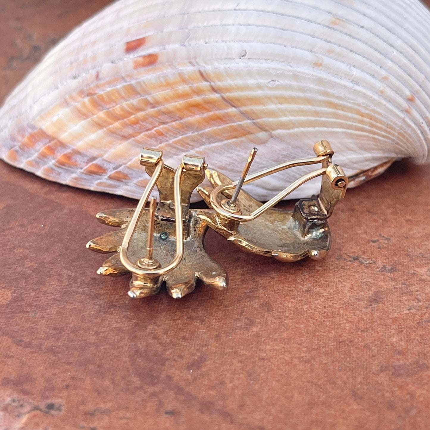 Estate Patina'd Yellow Gold-Tone Ribbed Fan Omega Back Earrings