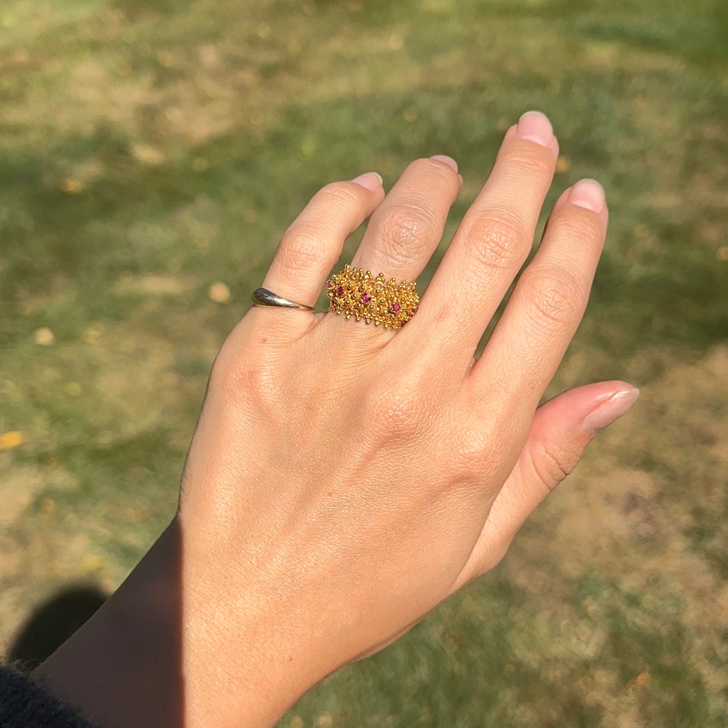 Estate 14KT Yellow Gold Byzantine Ruby Stretch Band Ring