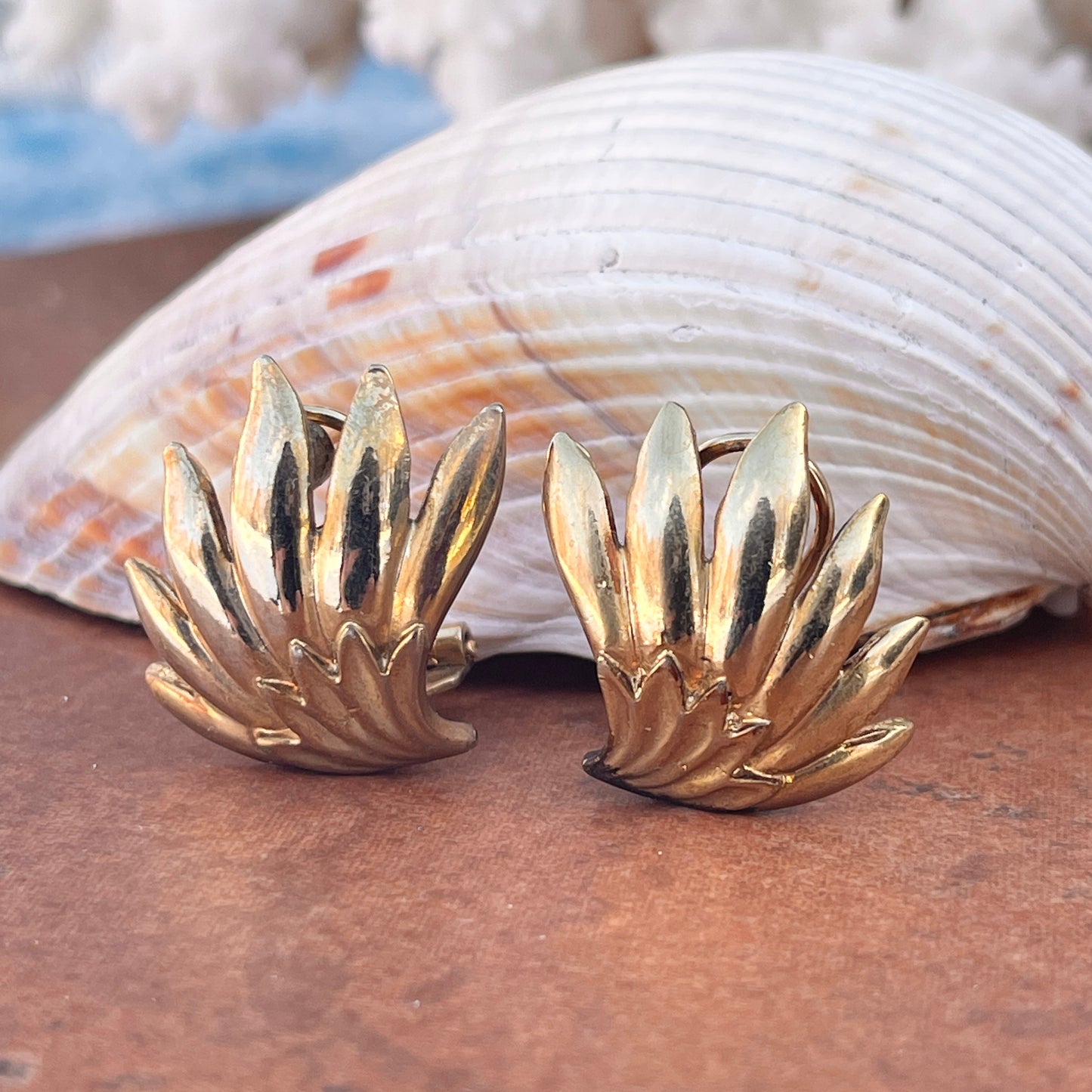 Estate Patina'd Yellow Gold-Tone Ribbed Fan Omega Back Earrings