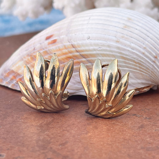 Estate Patina'd Yellow Gold-Tone Ribbed Fan Omega Back Earrings