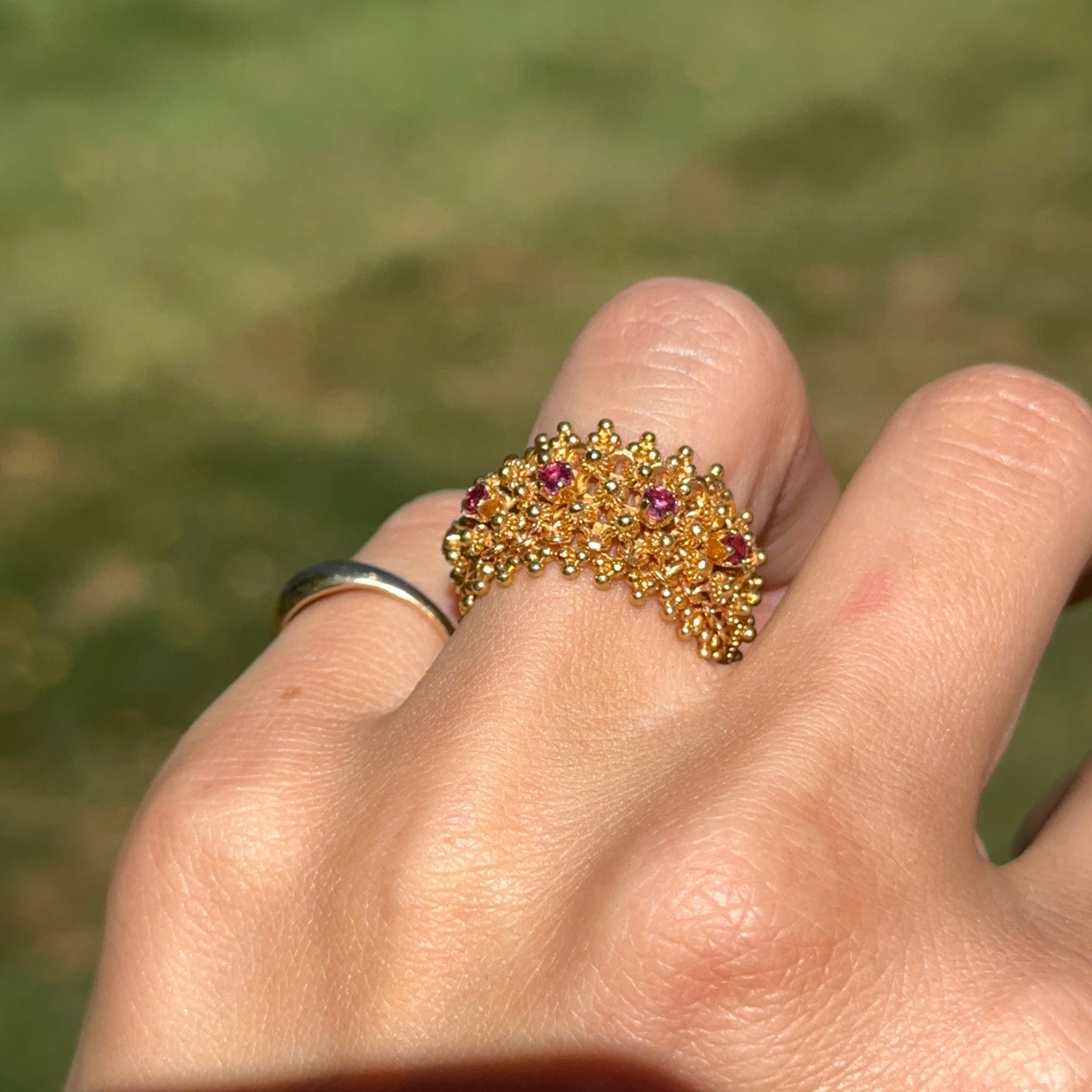 Estate 14KT Yellow Gold Byzantine Ruby Stretch Band Ring