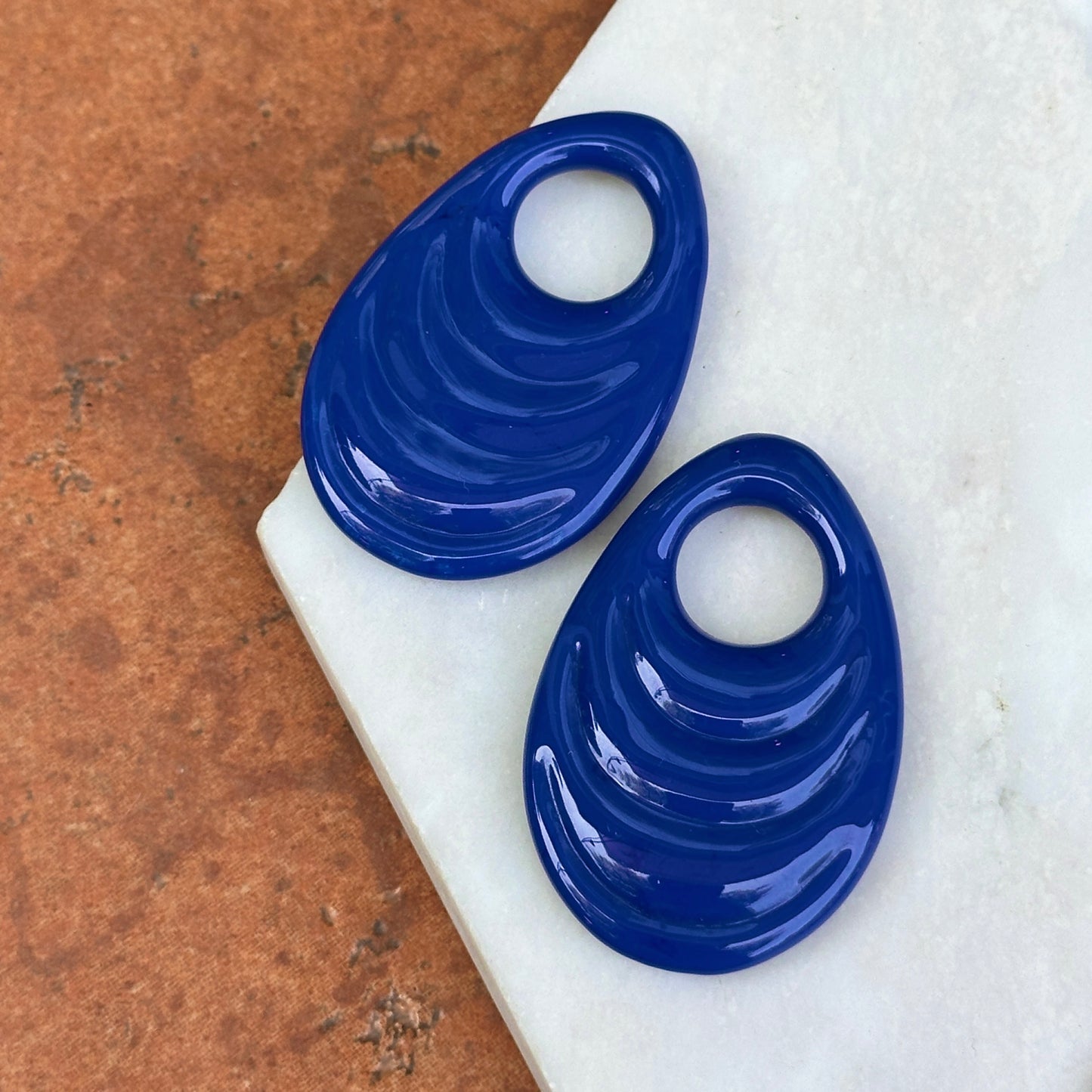 Vintage Royal Blue Glass Ribbed Oval Earring Charms