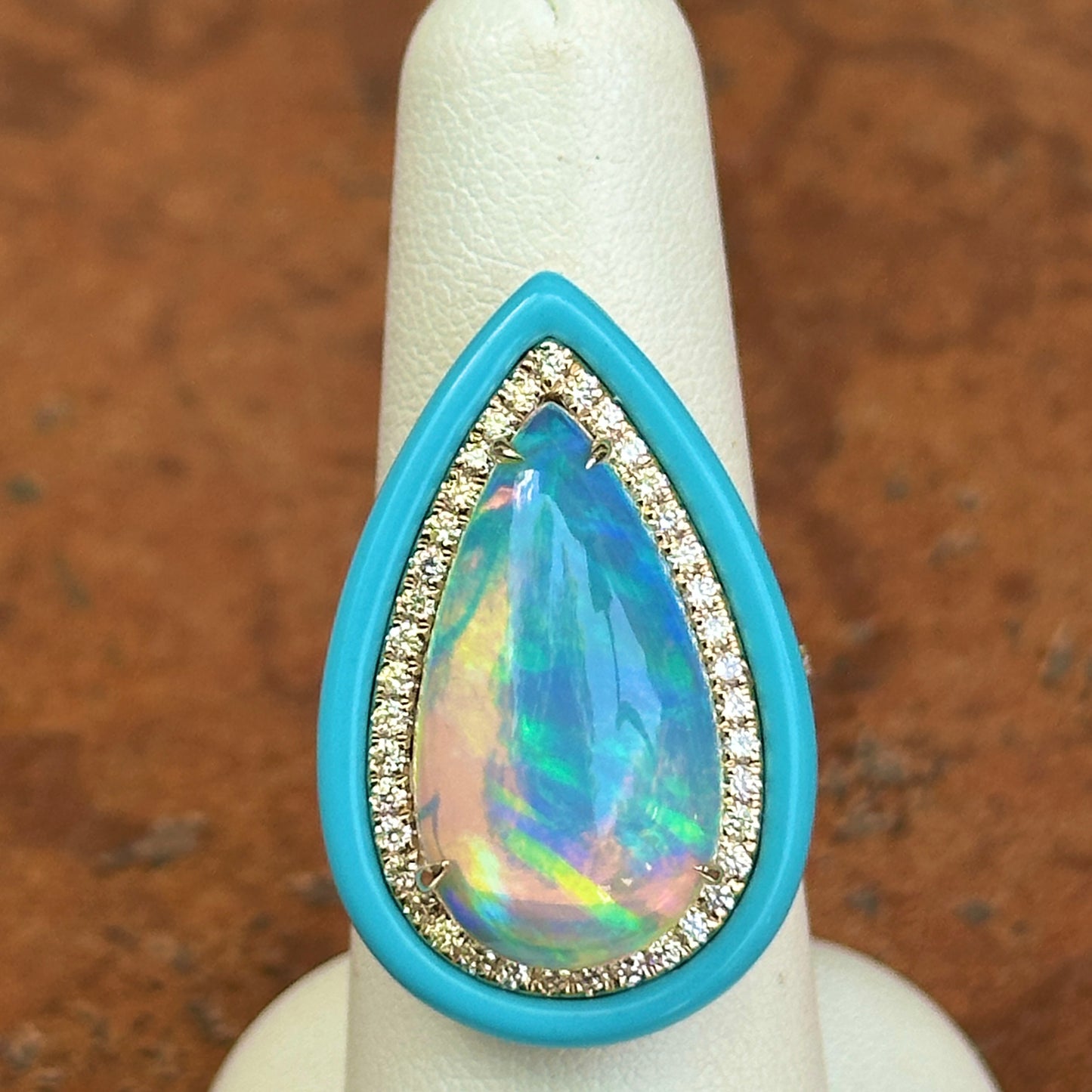 14KT Yellow Gold Large Pear Shaped Opal + Diamond + Turquoise Halo Design Ring
