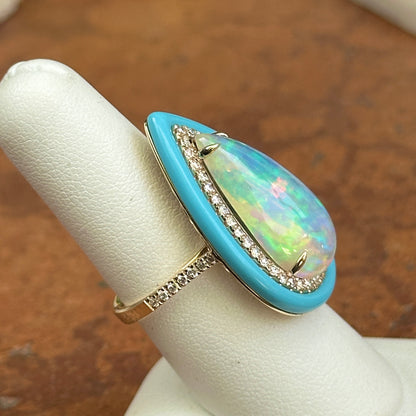 14KT Yellow Gold Large Pear Shaped Opal + Diamond + Turquoise Halo Design Ring