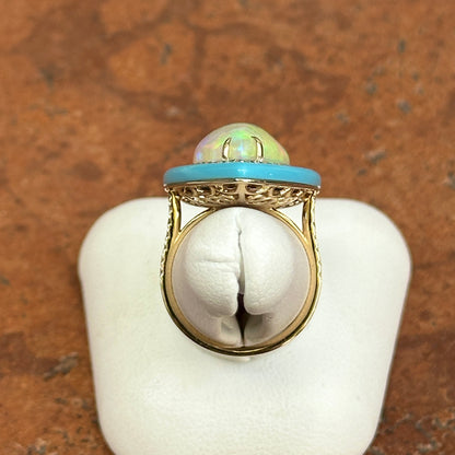 14KT Yellow Gold Large Pear Shaped Opal + Diamond + Turquoise Halo Design Ring