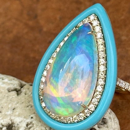14KT Yellow Gold Large Pear Shaped Opal + Diamond + Turquoise Halo Design Ring